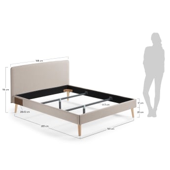 Dyla Bett mit abnehmbarem Bezug beige Beine massive Buche für Matratze von 150 x 190 cm - Größen