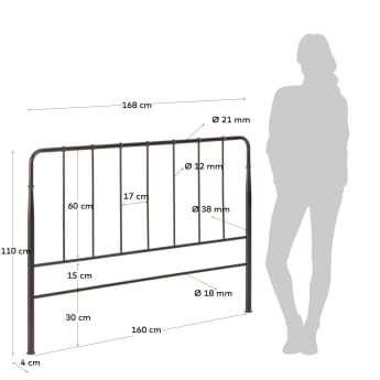 Tête de lit Naomi en métal finition graphite pour lit de 160 cm - dimensions