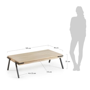 Mesa de centro Thinh madeira maciça de acácia e pernas de aço acabamento preto 125 x 70 cm - tamanhos