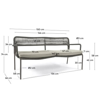 Cailin 2-Sitzer Sofa grünes Seil und verzinkte Stahlbeine dunkelgrün 150 cm - Größen