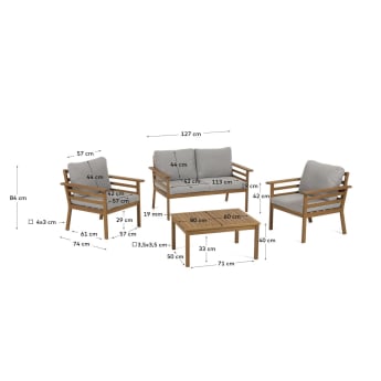 Salon de jardin Vilma avec canapé, 2 fauteuils et table basse en bois d'acacia FSC 100% - dimensions
