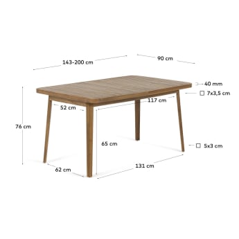Table extensible de jardin Vilma en bois d'acacia massif 90 x 143 (200) cm FSC 100% - dimensions