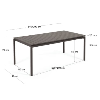 Tavolo da esterno Zaltana allungabile in alluminio grigio scuro opaco 140 (200) x 90 cm - dimensioni
