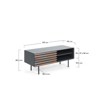 Kesia 1-deurs TV-meubel met notenhoutfineer met zwarte lak & zwart staal, 120 x 48,5 cm - maten