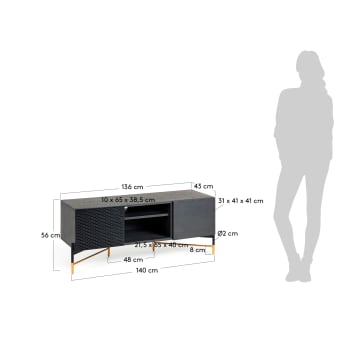 Milian 2-deurs TV-meubel van essenhoutfineer met zwart & goud staal, 141 x 56 cm - maten
