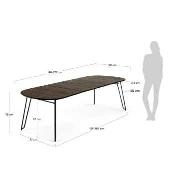 Table extensible Milian placage de frêne et pieds en acier noir 140 (220) x 90 cm - dimensions