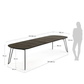 Mesa extensible Milian 170 (320) x 100 cm chapa de fresno patas de acero acabado negro - tamaños