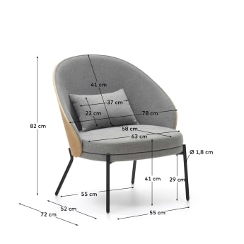 Eamy lichtgrijze fauteuil in essenhoutfineer met natuurlijke afwerking en zwart metaal - maten