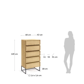 Taiana chest of drawers with oak veneer and steel frame with black finish 60 x 120 cm - sizes