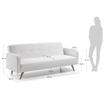 Roger 3 seater sofa bed in white synthetic leather, 210cm - sizes