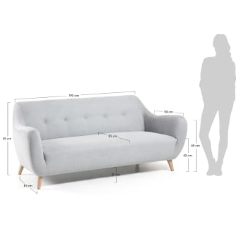 Orby 3 seater sofa in light grey with solid oak wood legs, 190 cm - sizes