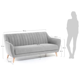Obo 3 seater sofa in light grey with solid oak wood legs, 190 cm - sizes