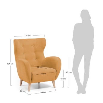 Patio armchair in mustard with solid, natural rubberwood legs - sizes