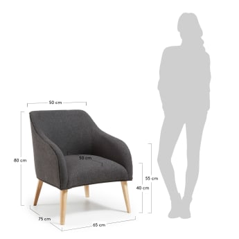 Sessel Bobly in Schwarz und Holzbeine mit natürlichem Finish - Größen