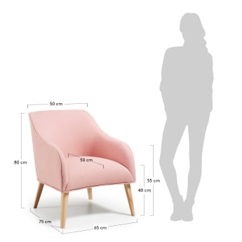 Sessel Bobly rosa und Holzbeine mit natürlichem Finish - Größen