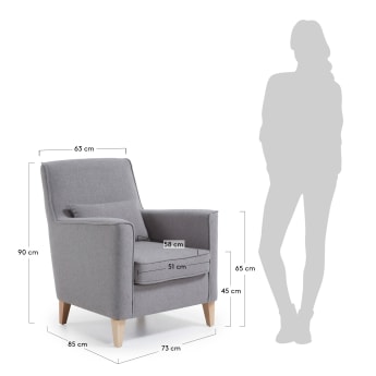 Glam light grey armchair with solid beech wood legs. - sizes