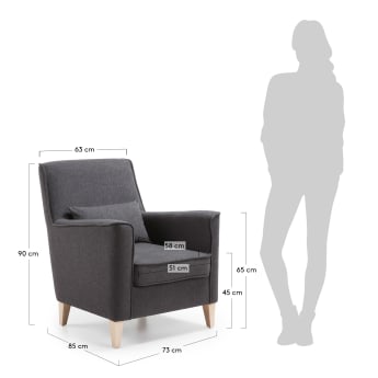 Glam dark grey armchair with solid beech wood legs. - sizes