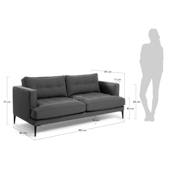Sofa 2-osobow Tanya w kolorze ciemnoszarym 183 cm - rozmiary
