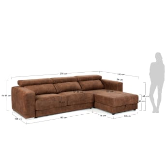 Rust brown 3-seater Atlanta sofa with chaise longue 290 cm - sizes