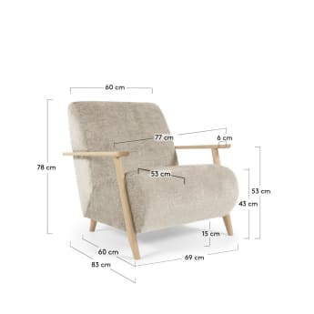 Meghan fauteuil in beige chenille en hout met natuurlijke afwerking - maten