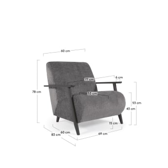 Meghan fauteuil in grijze chenille en hout met wengé afwerking - maten