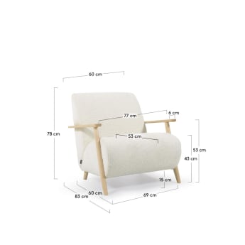 Fotel Meghan białe boucle i nogi z litego drewna jesionowego - rozmiary