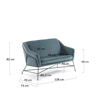 Brida 2 seater sofa in turquoise, 128 cm - sizes