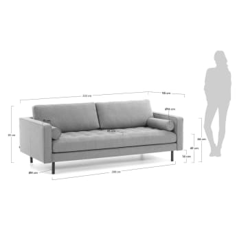 Sofa 3-osobowa Debra z jasnoszarego aksamitu 222 cm - rozmiary