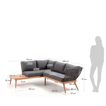 Ramson 4-seater corner sofa in solid eucalyptus with beige cord 200 cm - sizes