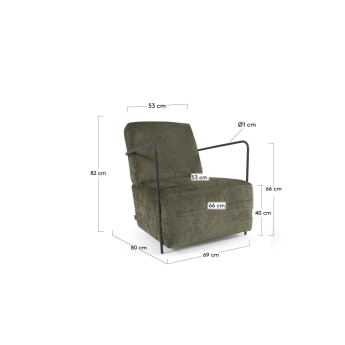 Gamer armchair in green chenille and metal with black finish - sizes