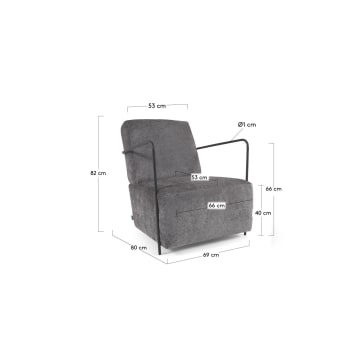 Gamer fauteuil in grijze chenille en metaal met zwarte afwerking - maten