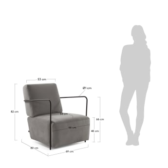 Gamer in grey velvet armchair and metal with black finish - sizes