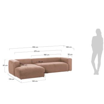 Divano Blok 4 posti chaise longue sinistra rosa 330 cm - dimensioni