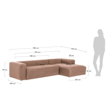 Sofa 4-osobowa Blok z szezlongiem z prawej strony w kolorze różowym 330 cm - rozmiary