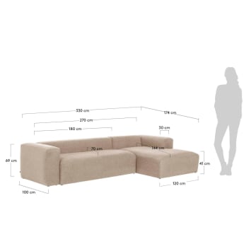 Blok 4θέσιος καναπές με ανάκλινδρο δεξιά σε μπεζ χρώμα, 330 εκ - μεγέθη
