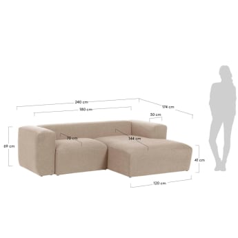 Blok 2 seater sofa with right-hand chaise longue in beige, 240 cm - sizes