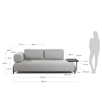 Sofá Compo 3 lugares cinza-claro com tabuleiro grande 252 cm - tamanhos