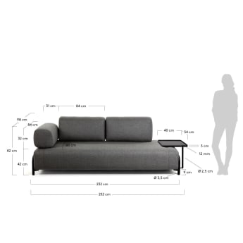 Compo 3 seater sofa with large tray in dark grey, 252 cm - sizes