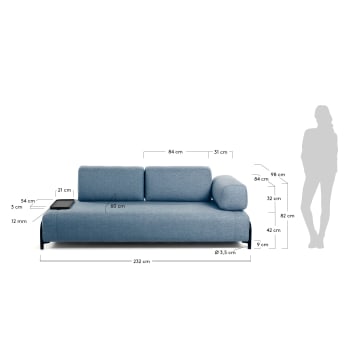 Canapé Compo 3 places bleu avec petit plateau 232 cm - dimensions