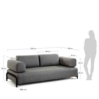 Compo 3 seater sofa in dark grey, 232 cm - sizes