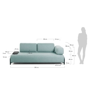 Turquoise 3 seaters Compo sofa wiht small tray 232 cm - sizes