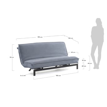 Sofa rozkładana Eveline 3-osobowa niebieska metalowa rama 195 cm - rozmiary