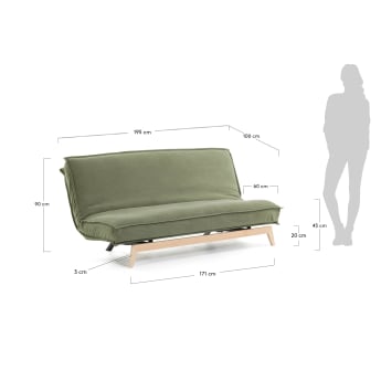Eveline sofa bed 195 cm green wood structure - sizes