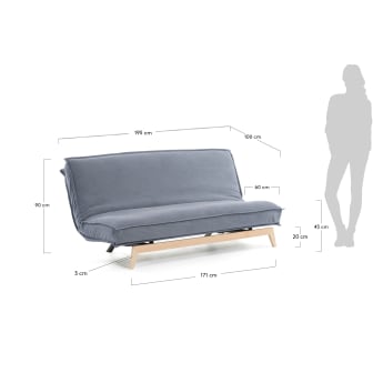 Eveline three-seater sofa bed in blue, wooden frame, 195 cm - sizes