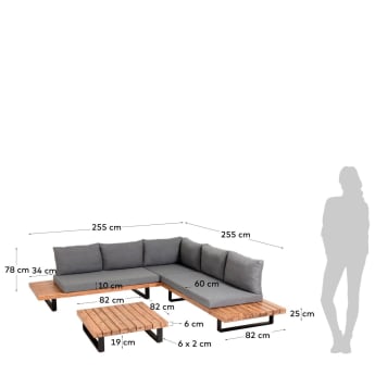 Set Zalika de sofá de canto de 5 lugares y mesa de madeira maciça de acácia FSC 100% - tamanhos