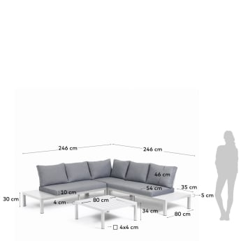 Divano angolare 5 posti componibile e tavolo Duka in alluminio bianco - dimensioni