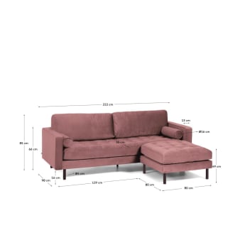 Divano Debra 3 posti con poggiapiedi in velluto rosa 222 cm - dimensioni