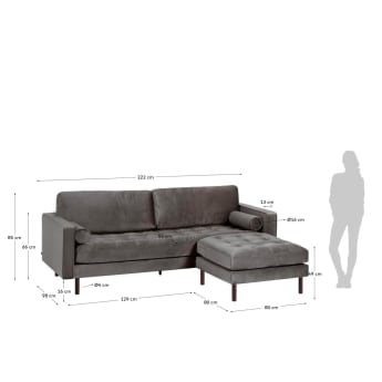 Debra 3 seater sofa with footrest in grey velvet, 222 cm - sizes
