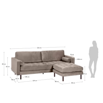 Sofa 3-osobowa Debra z podnóżkiem z szaro-brązowego aksamitu 222 cm - rozmiary