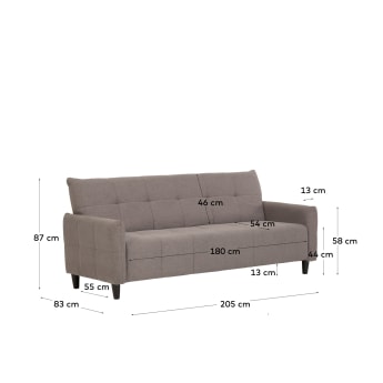 Nury 3 seater sofa bed in grey, 205 cm - sizes